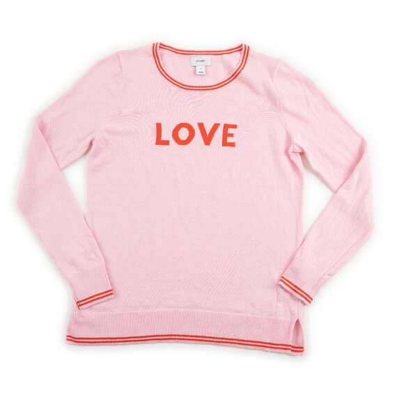 OLD NAVY pink "Love" sweater w/ red trim size S - Picture 1 of 9